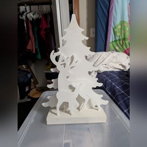 White Wooden Deer And Pine Statue